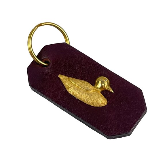 Vintage Plum Leather Keychain With Gold Duck Accent - Picture 1 of 5